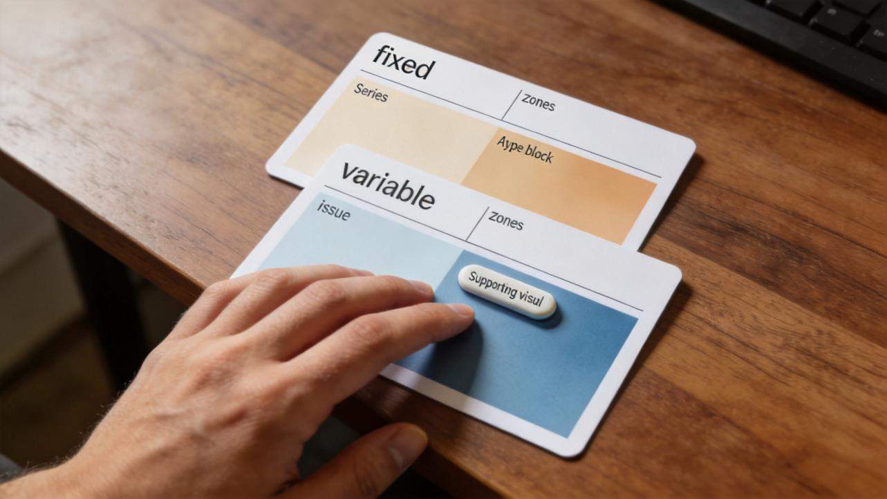 Hand reaching toward stacked newsletter header mockups labeled fixed and variable