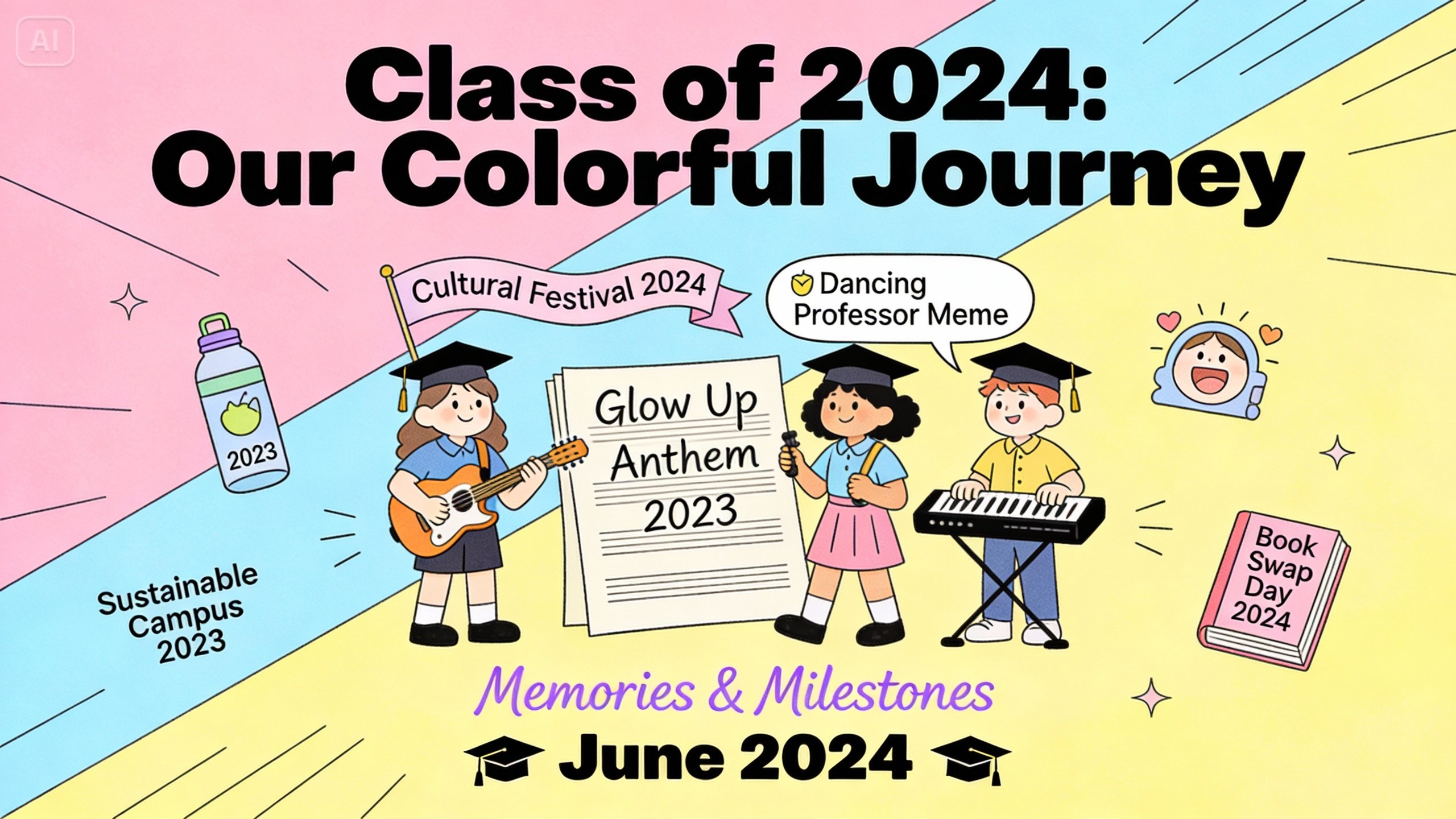 Un lindo póster de graduación con una lista de eventos de cultura pop