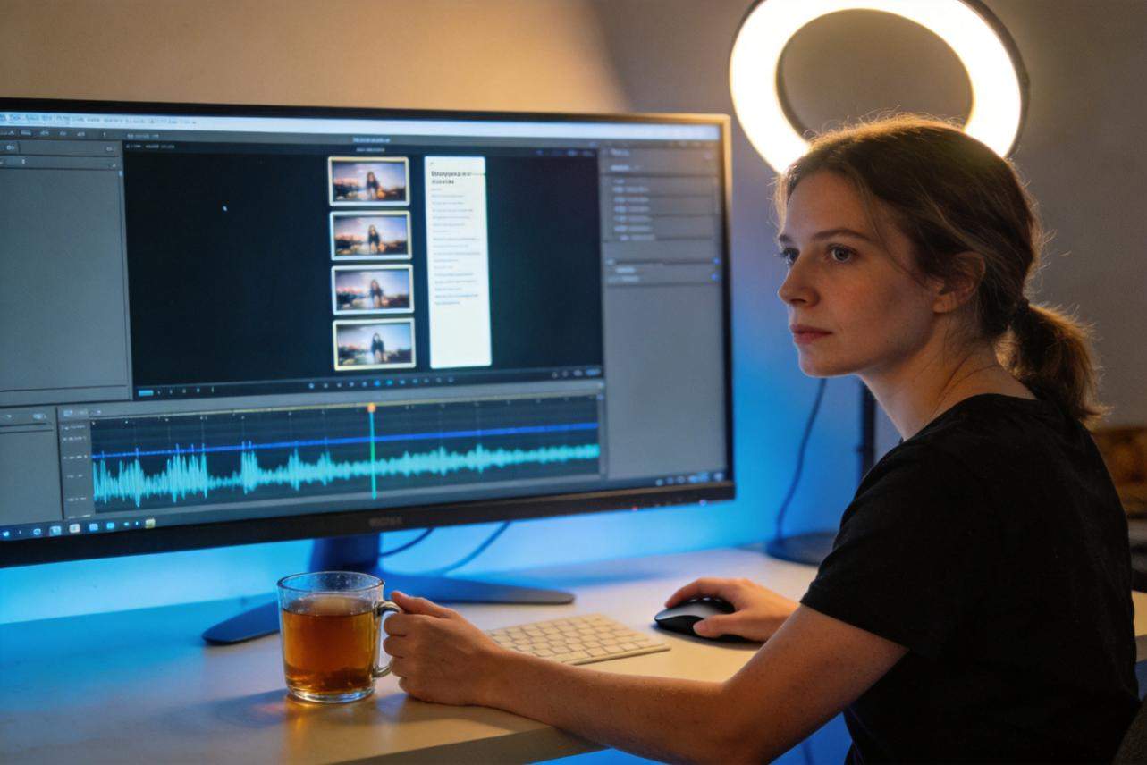 Woman editing video on a desktop computer with a ring light behind her