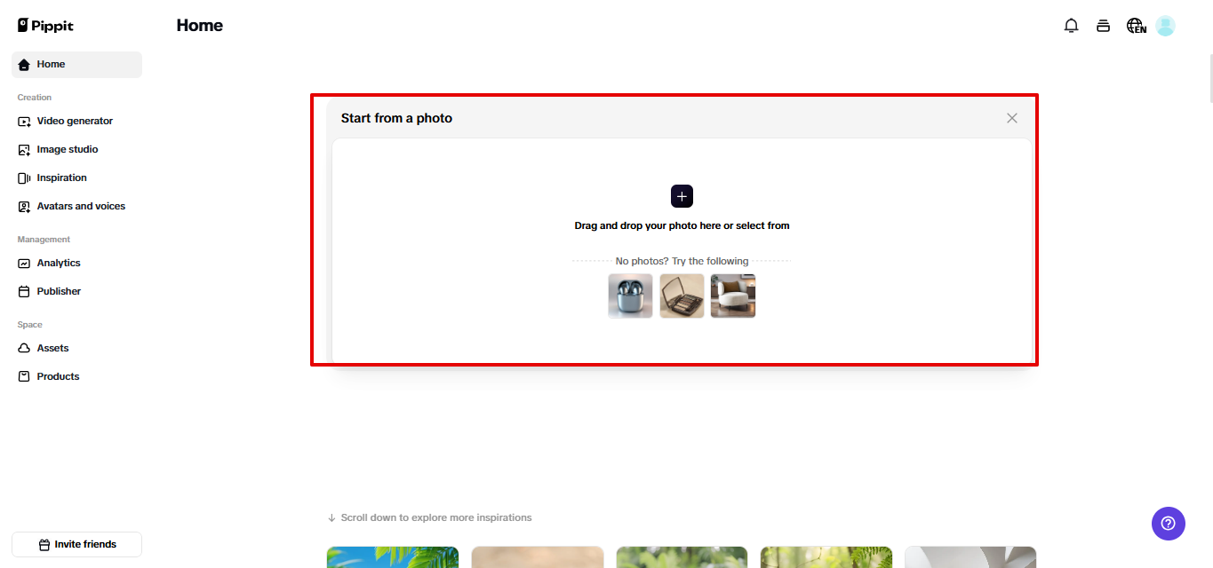 Uploading product photos in Pippit