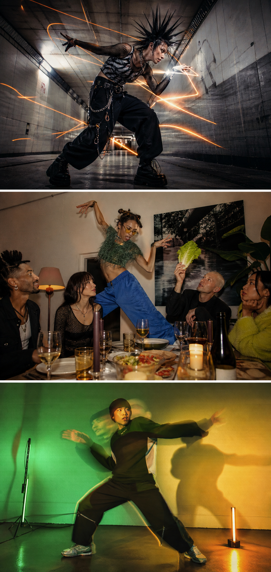 A fictional creator performing the TikTok Fire Starter dance trend under orange and green studio lights