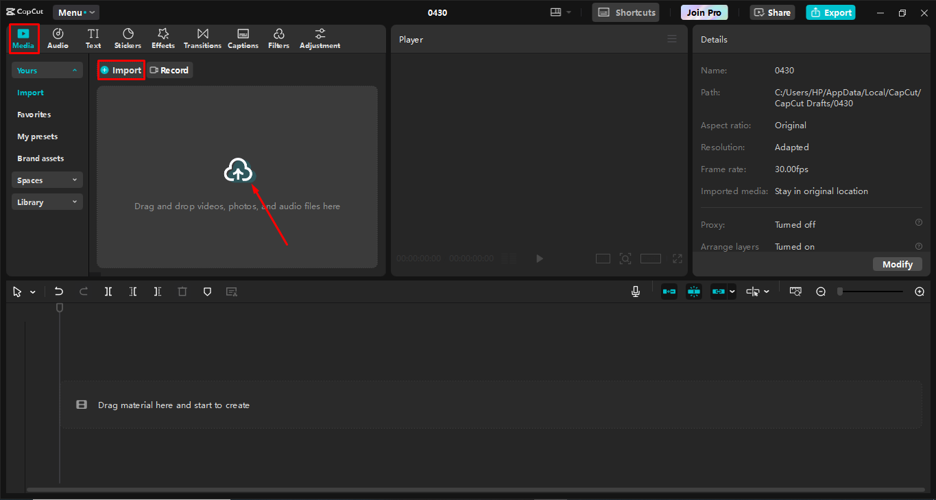 Импорт видео в настольный видеоредактор CapCut