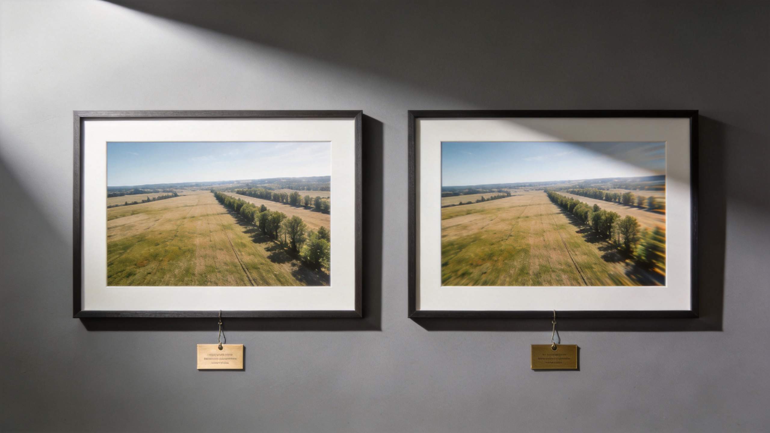 Two framed aerial landscape photos on a wall, one sharp and one blurred with motion streaks