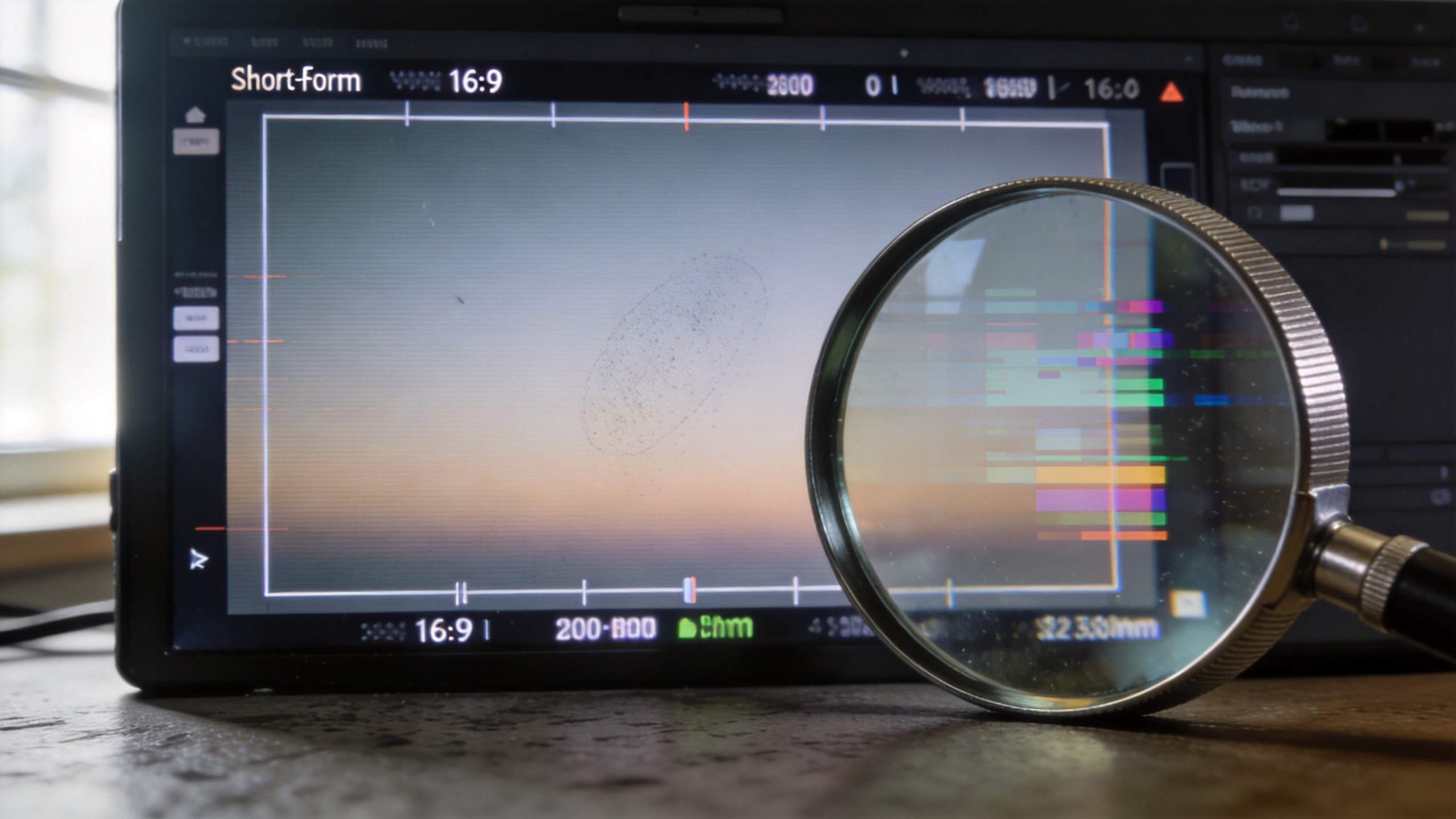 Tablet screen with short-form video frame and magnifying glass highlighting pixelated compression artifacts
