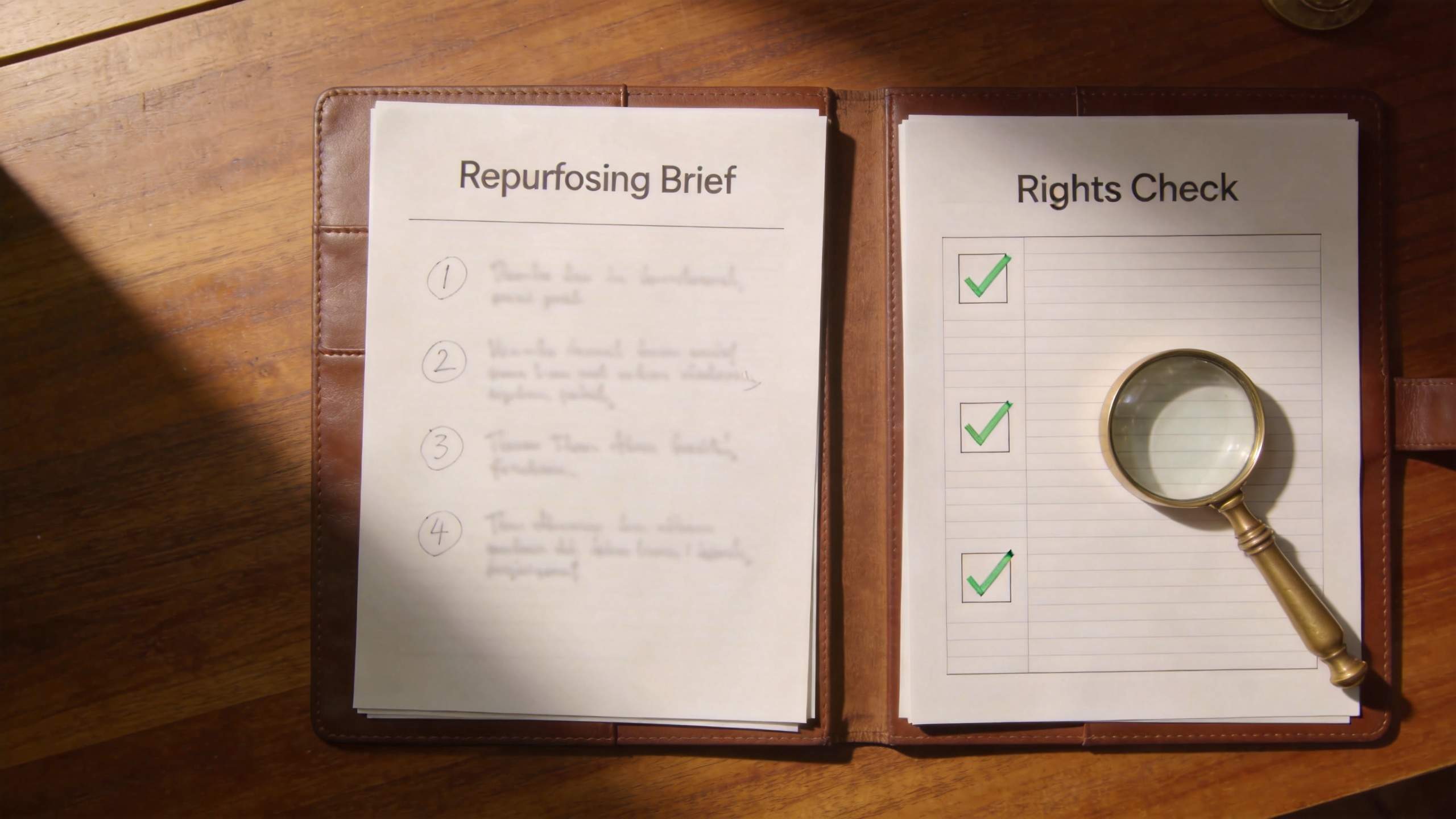 Open notebook with repurposing brief and rights check pages, each with check marks