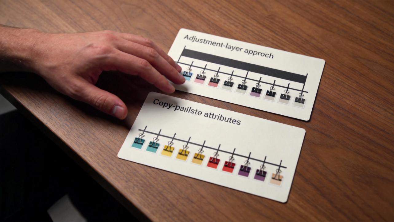 Hand points to cards labeled adjustment-layer approach and copy-paste attributes on a wooden table.