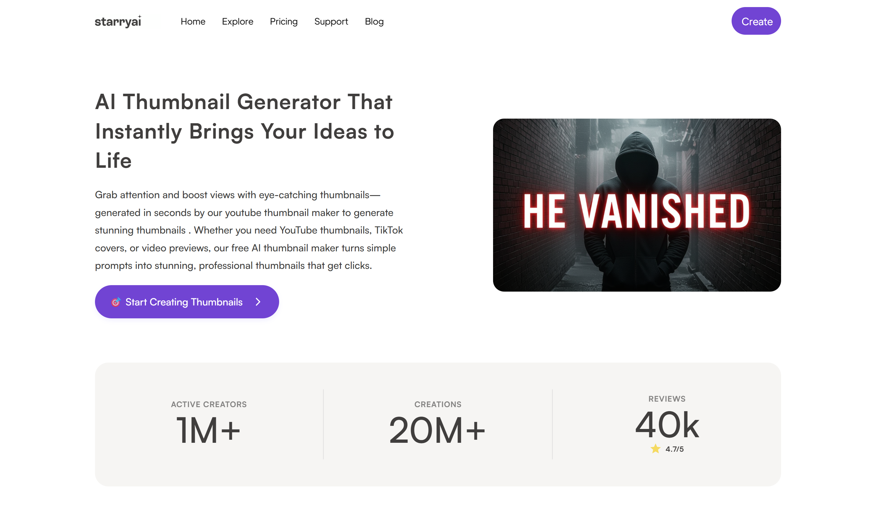 Interface of StarryAI - a versatile AI thumbnail creator