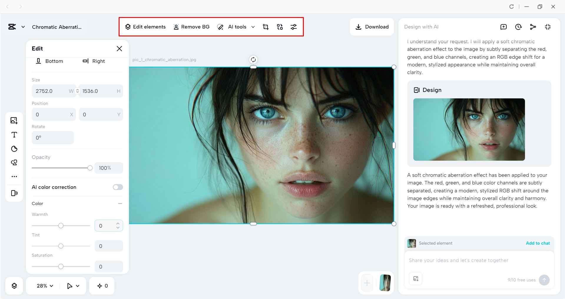 Generating an image with chromatic aberration effect in the CapCut desktop video editor