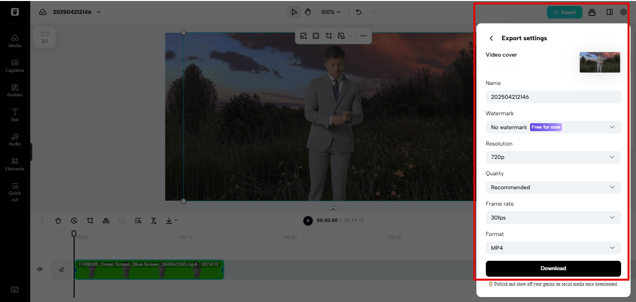 Exporting edited video from Pippit