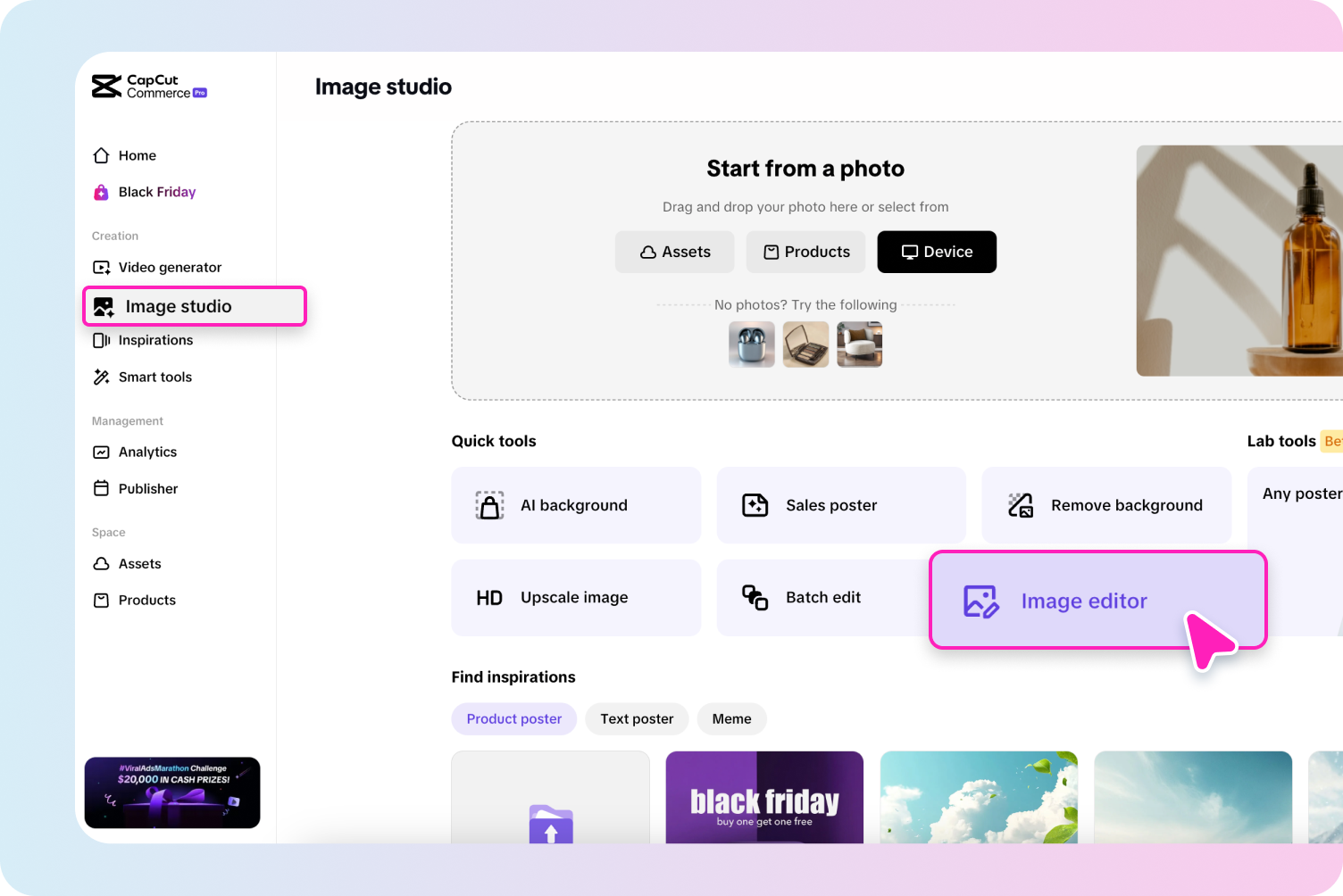 description=The Pippit Image Studio interface. An image has been uploaded, and the user's cursor is highlighting the 'Image Upscaler' tool under the 'Smart Tools' menu.