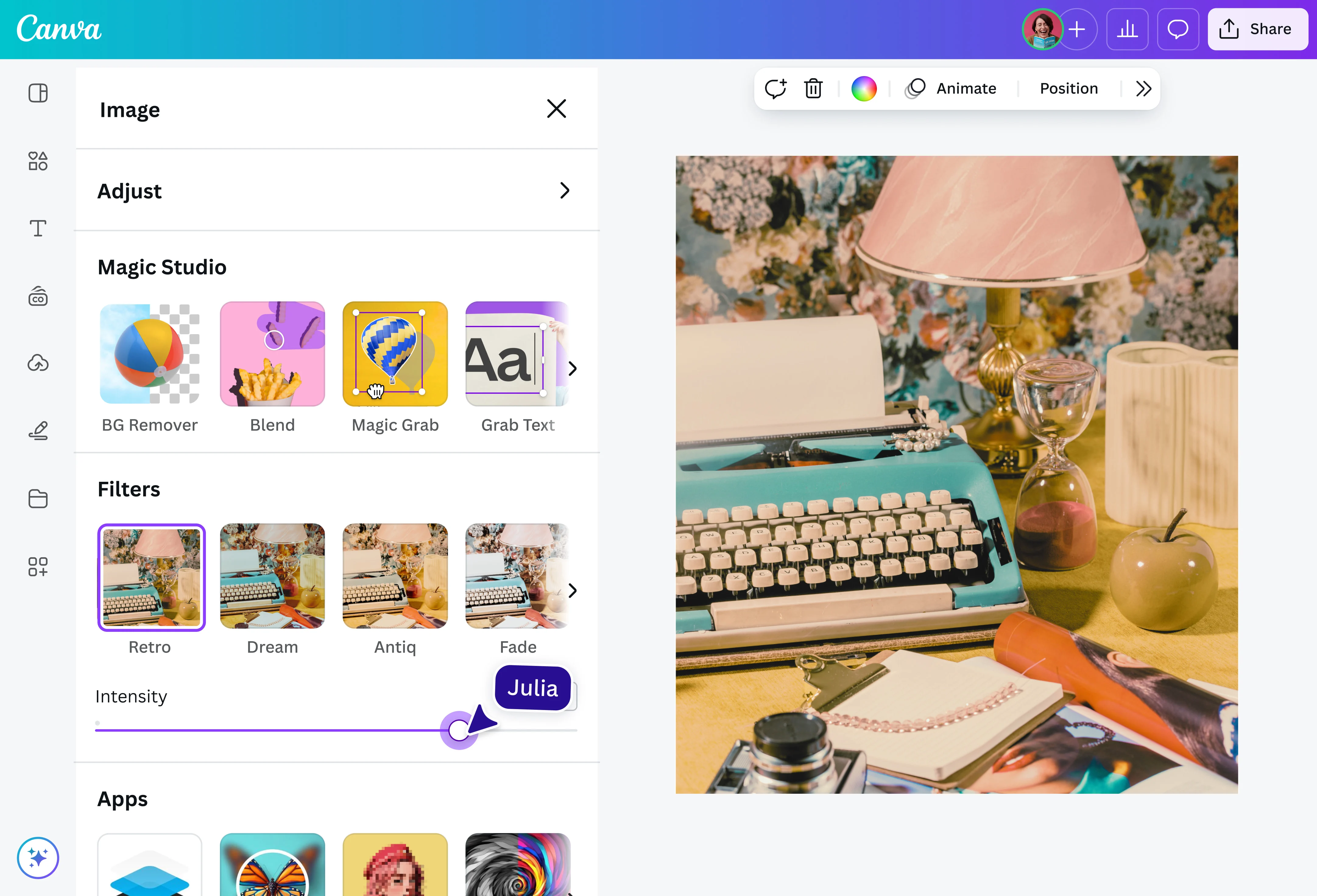 Interface of Canva - an easy to use online old age photo editor