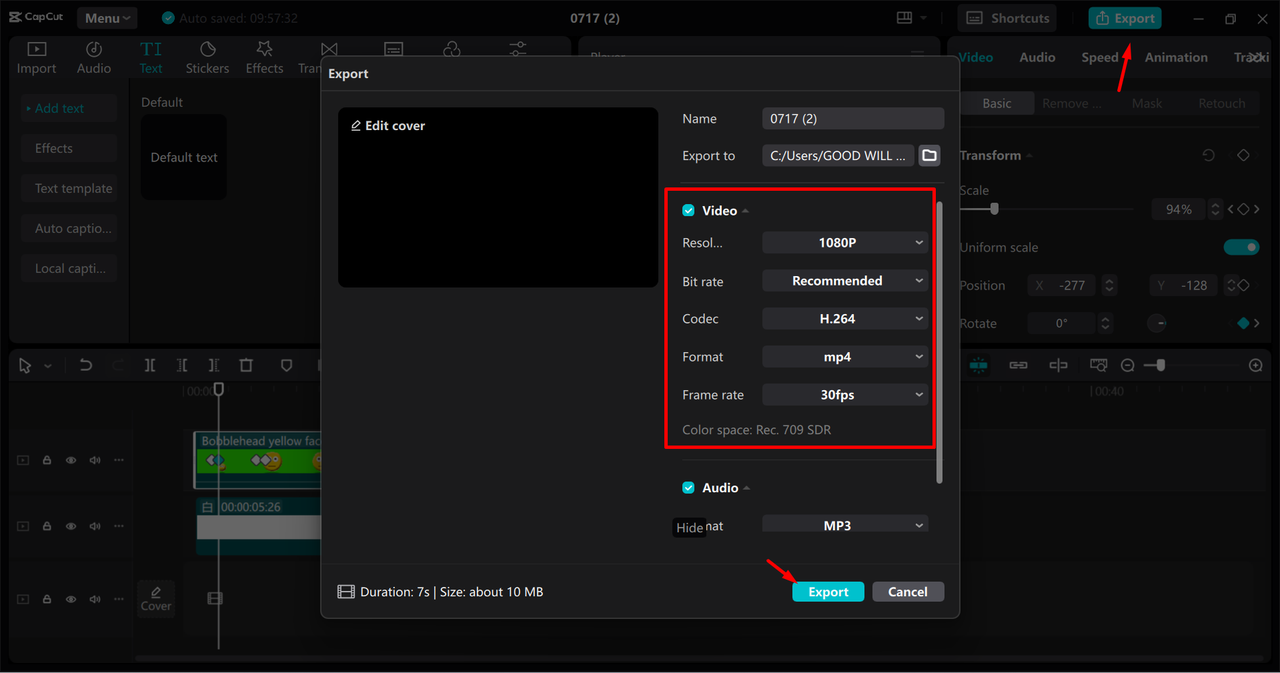 Esporta e condividi il tuo video modificato su CapCut PC