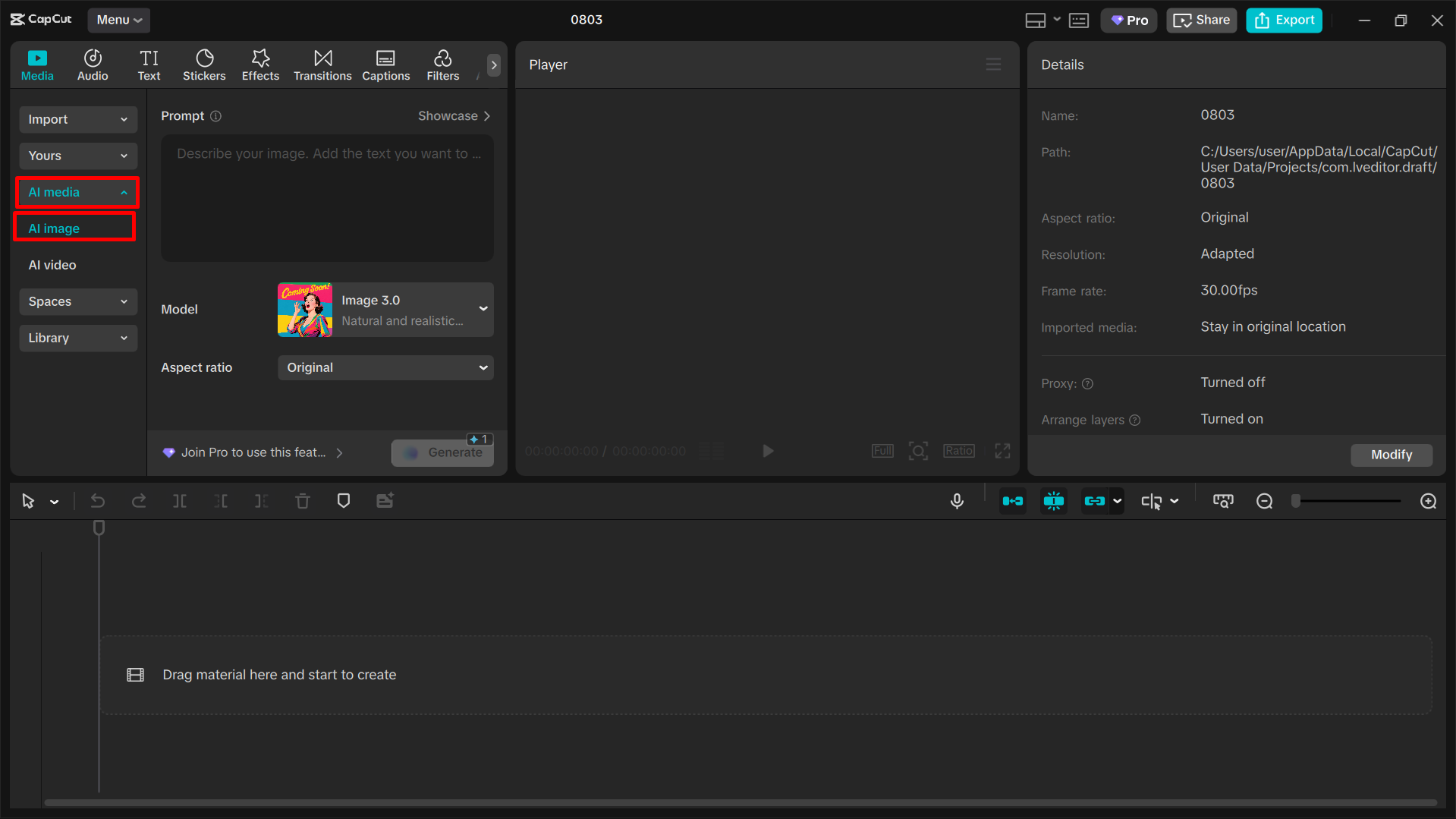 Accessing the text-to-image tool in the CapCut desktop video editor