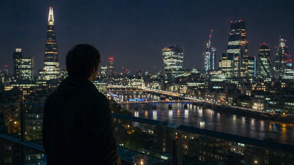 London Trip Oasis Song — nighttime Thames skyline from a rooftop