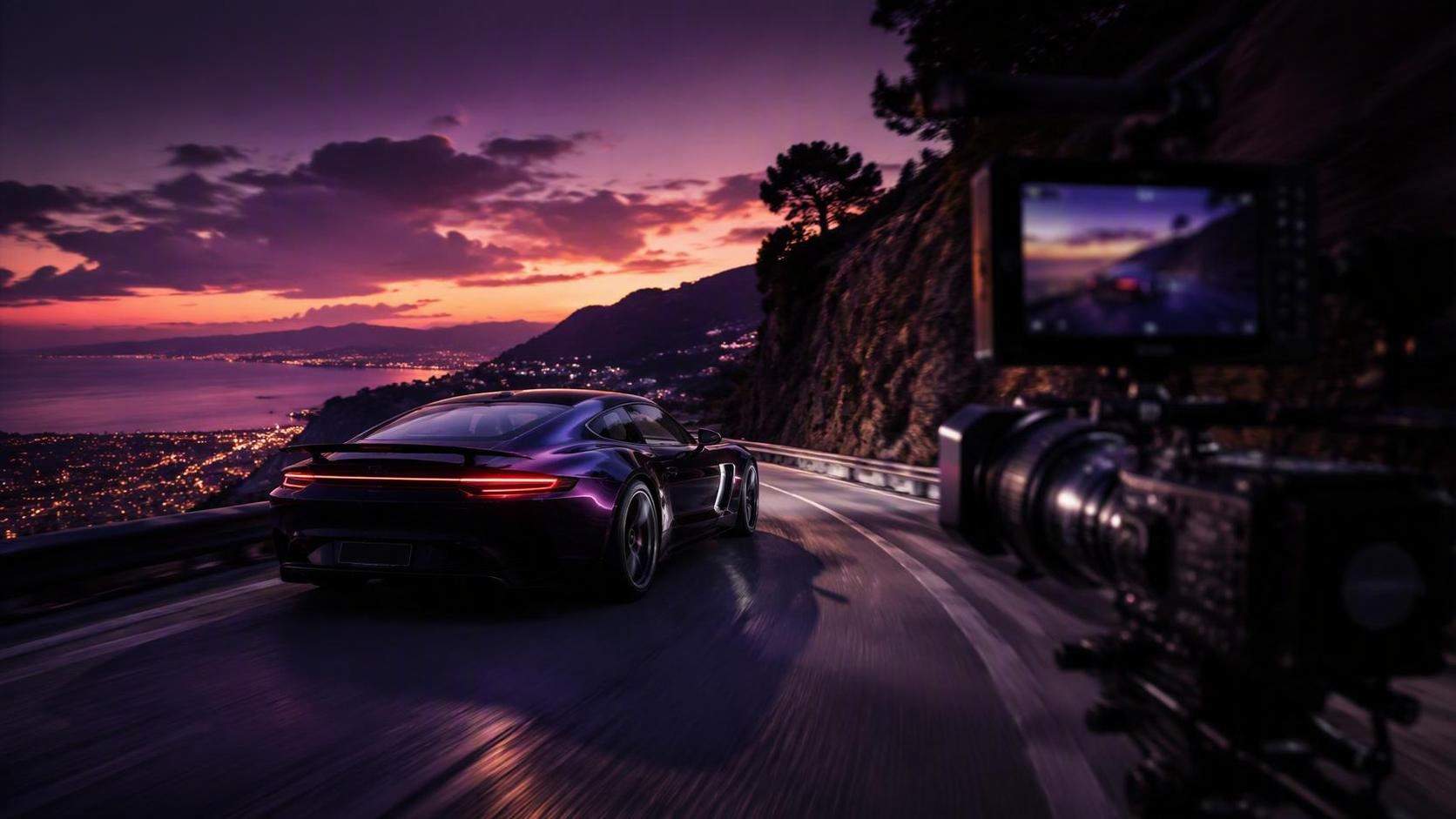Cinematic realistic AI car video scene with sports car motion, film framing, and dramatic road lighting.
