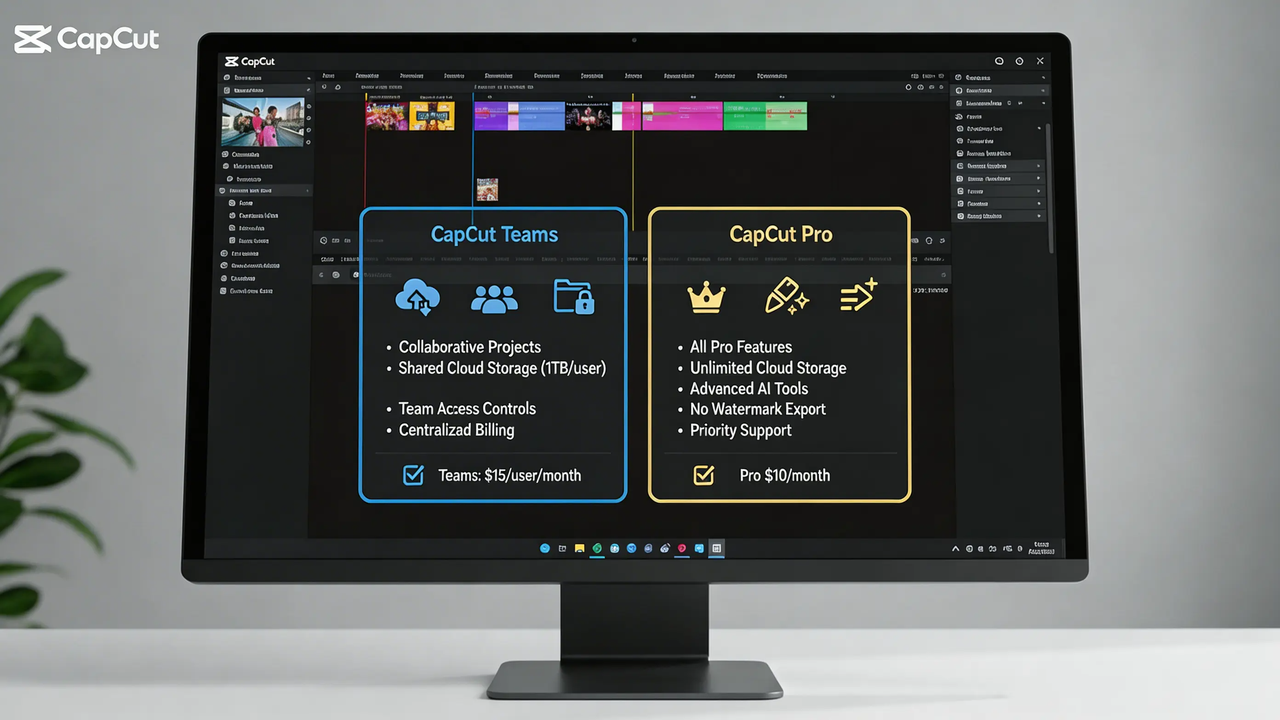 different benefits for CapCut Teams and Pro