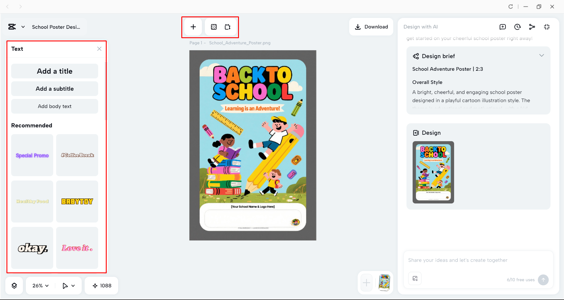 Customizing the poster design for school in CapCut