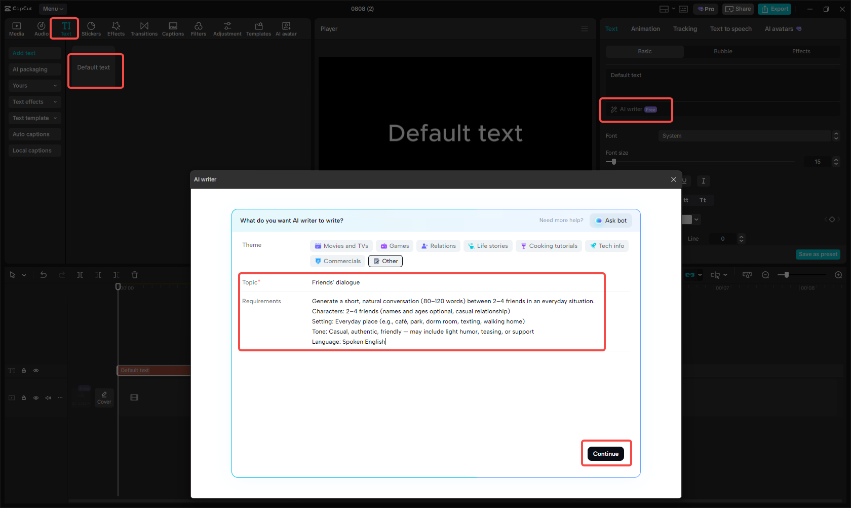 Accessing CapCut's "AI writer" feature