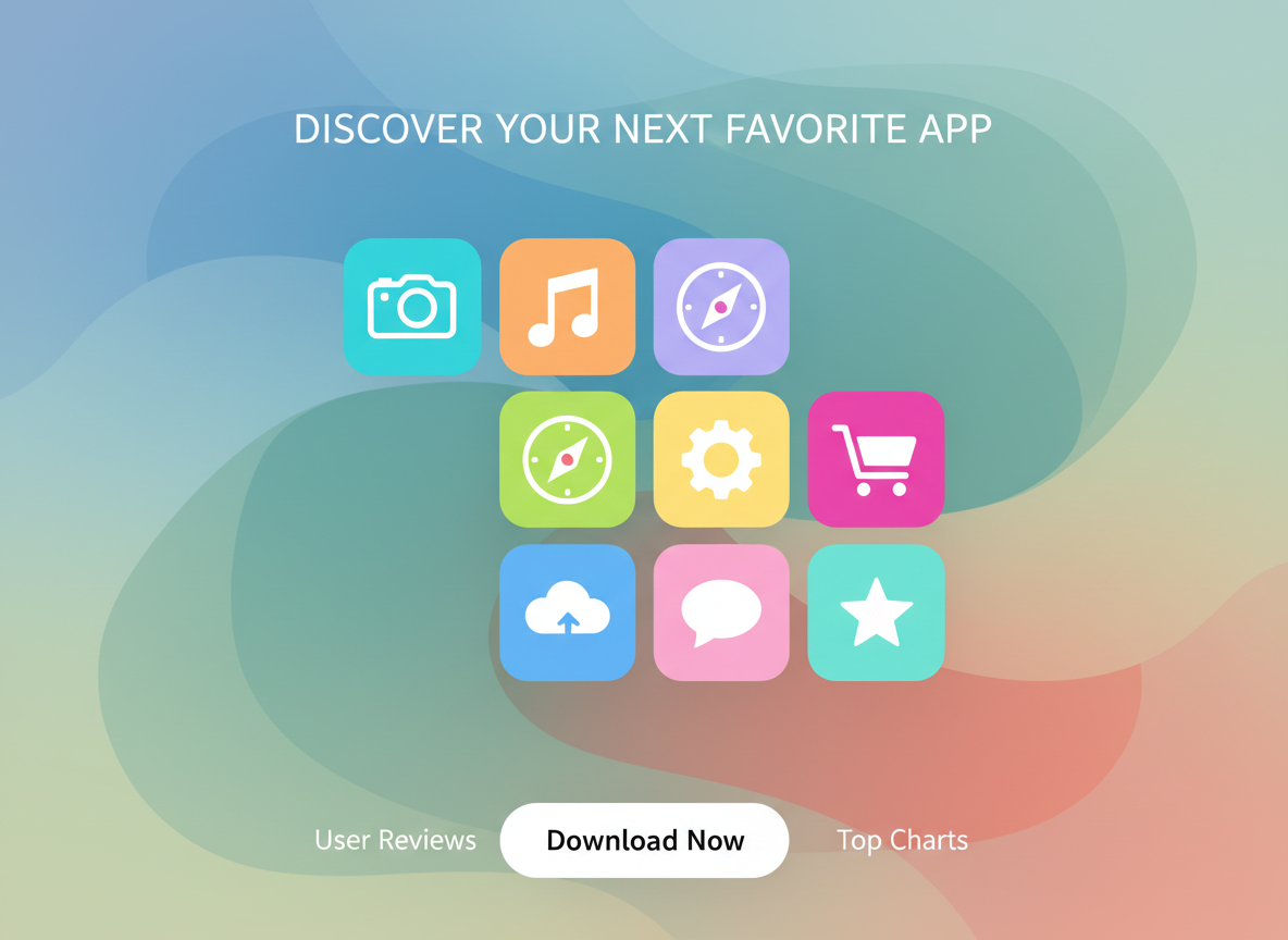 App store listing creatives preview with abstract shapes and icon grid layout, clean mobile branding style.