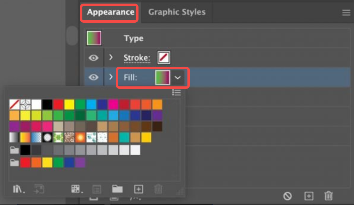 Showing how to add a gradient color to text in Illustrator with the Appearance panel