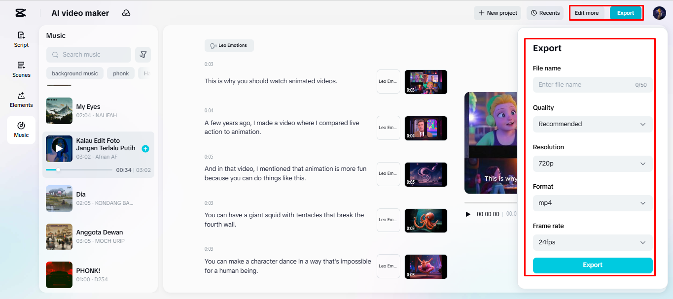 Exporting the final video from CapCut's AI video maker
