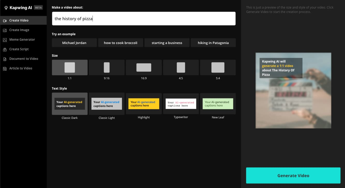 Interafce of Kapwing - a user-friendly video generator with no sign up