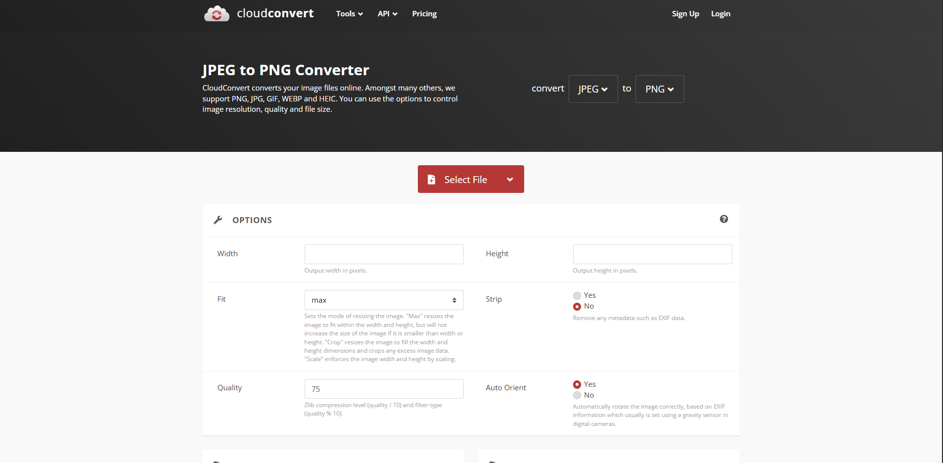 Interface of CloudConvert - the best online JPEG to PNG converter
