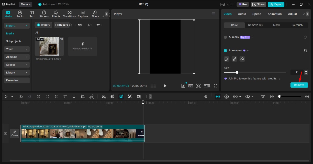 Clicking the remove button to remove watermark from TikTok video in CapCut PC