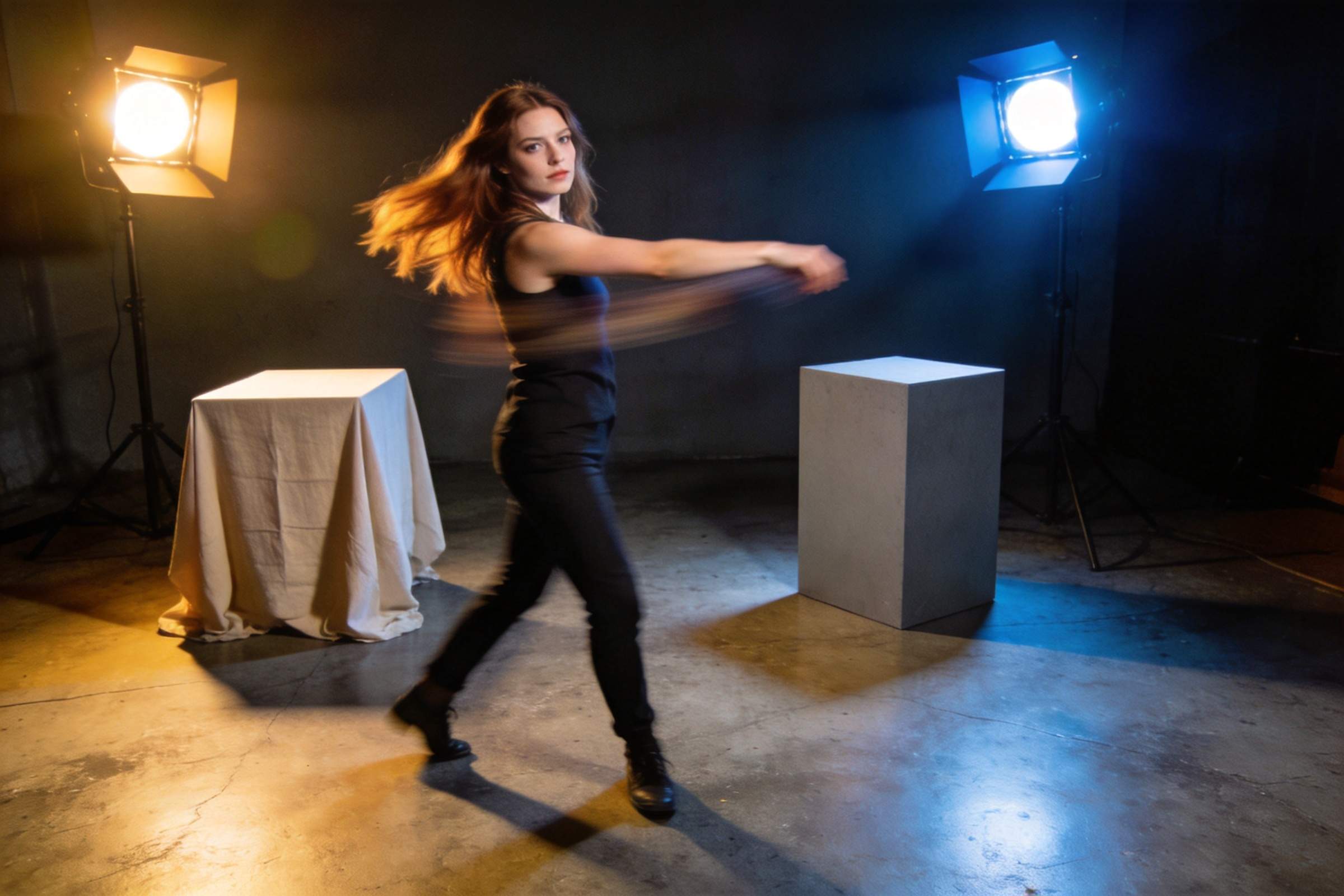 Woman spinning between two studio lights beside draped and plain pedestal blocks