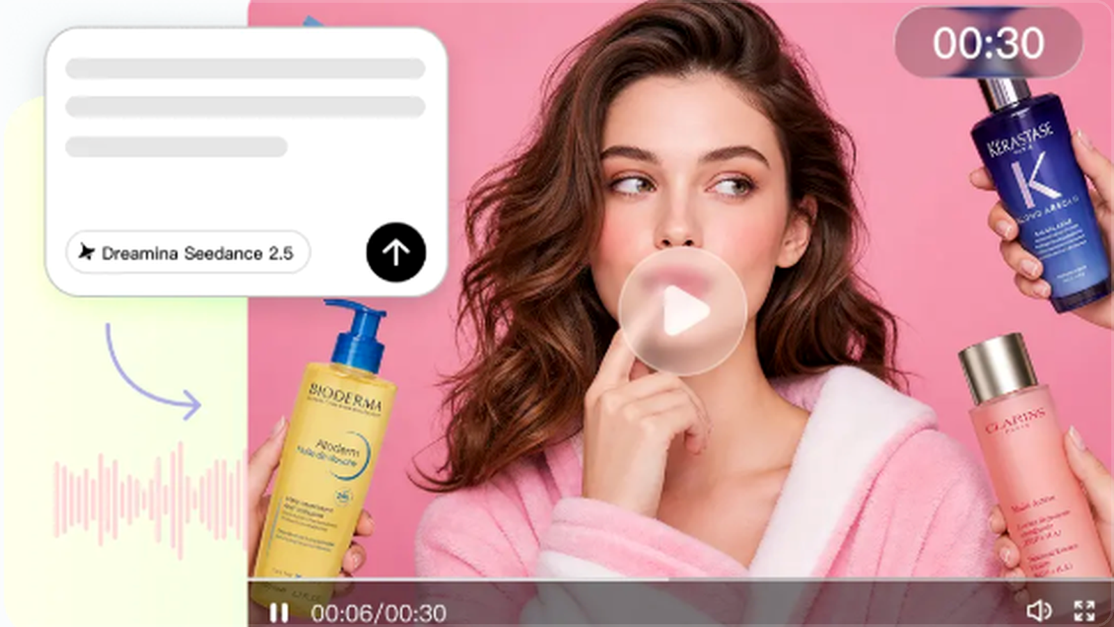 16:9 beauty-video style cover showing a creator video interface, pink studio portrait, and premium skincare product visuals.