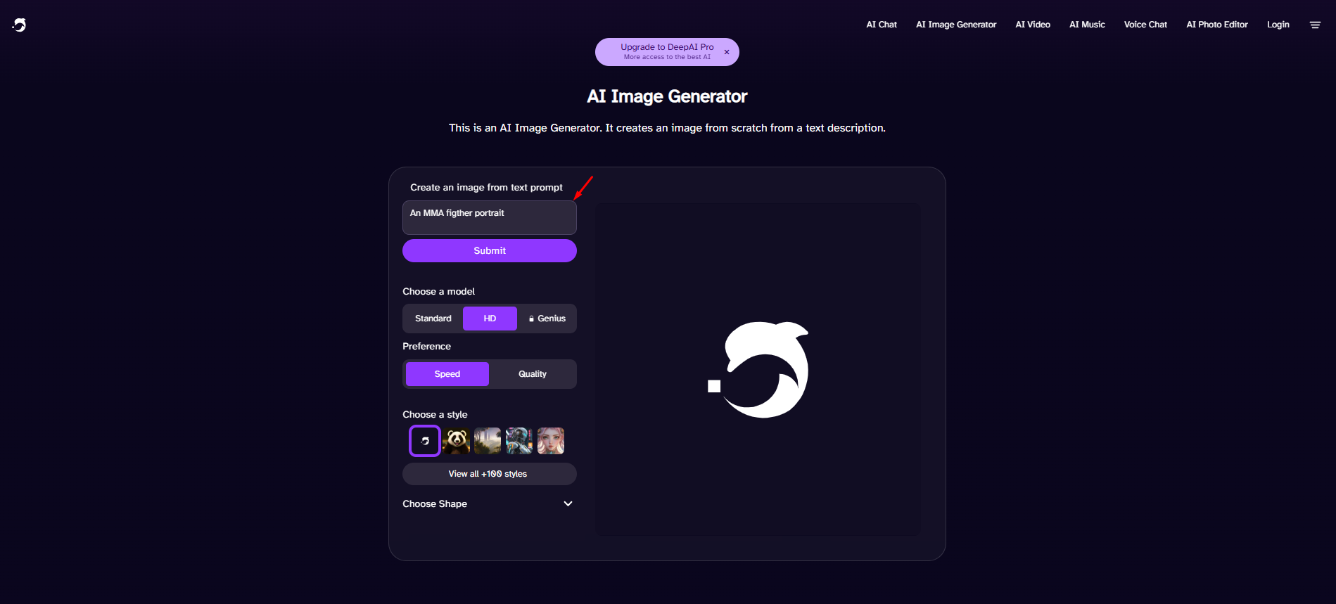 Entering a text prompt to DeepAI text to image