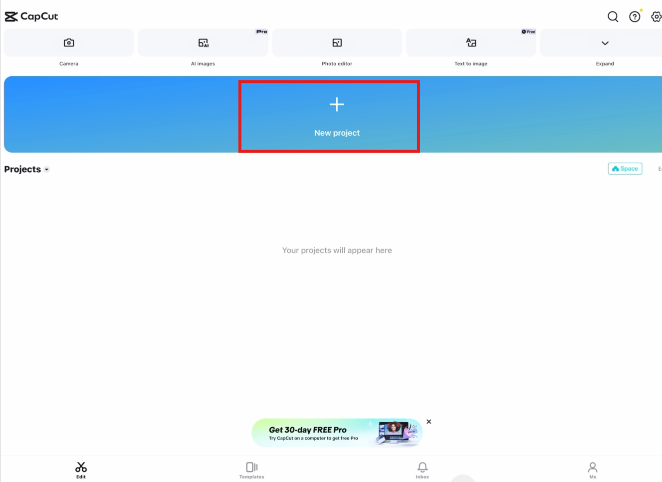 Launch the CapCut app and select "New project"