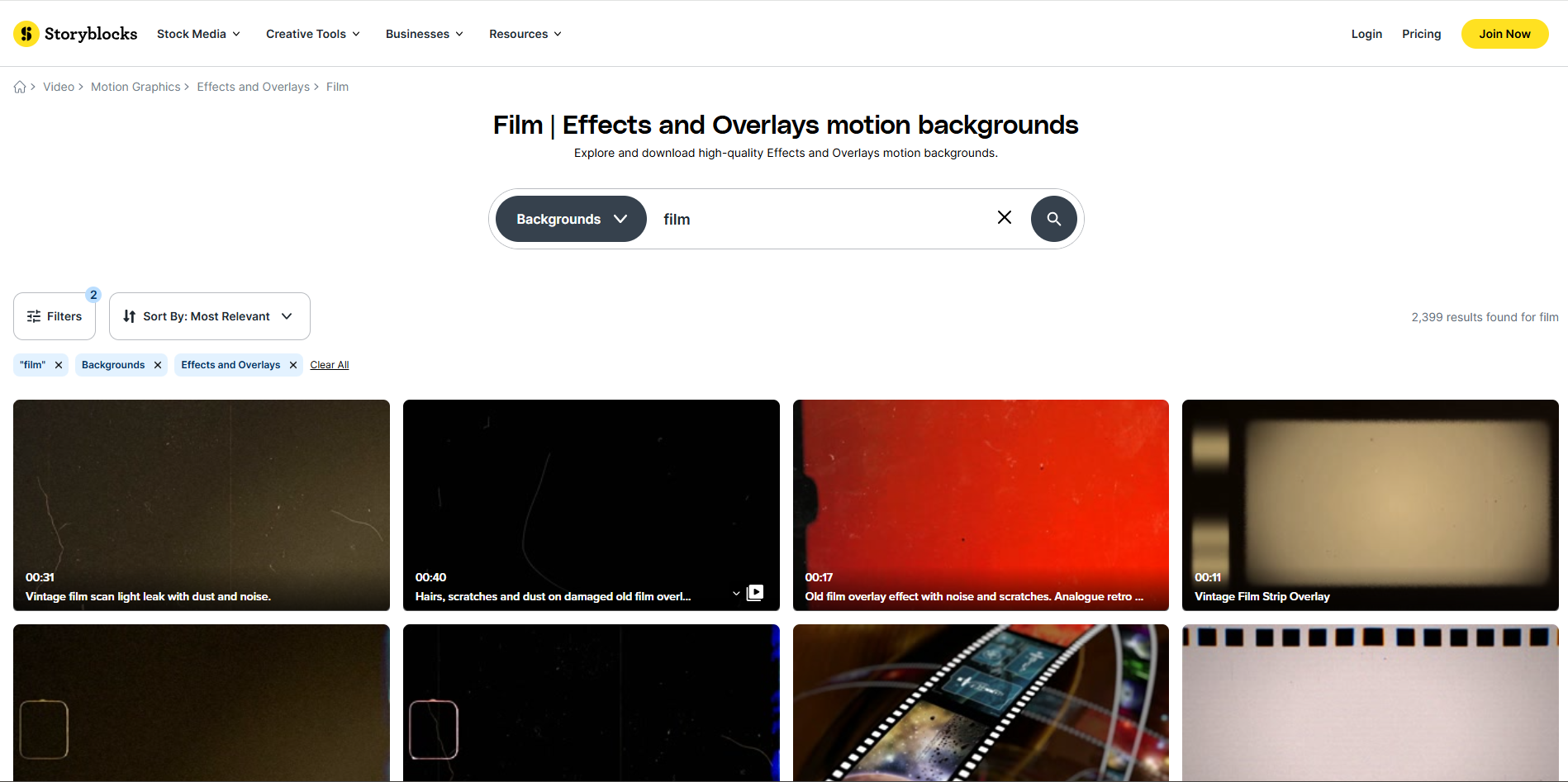 Interface of Storyblock - a quick way to get free film texture overlays