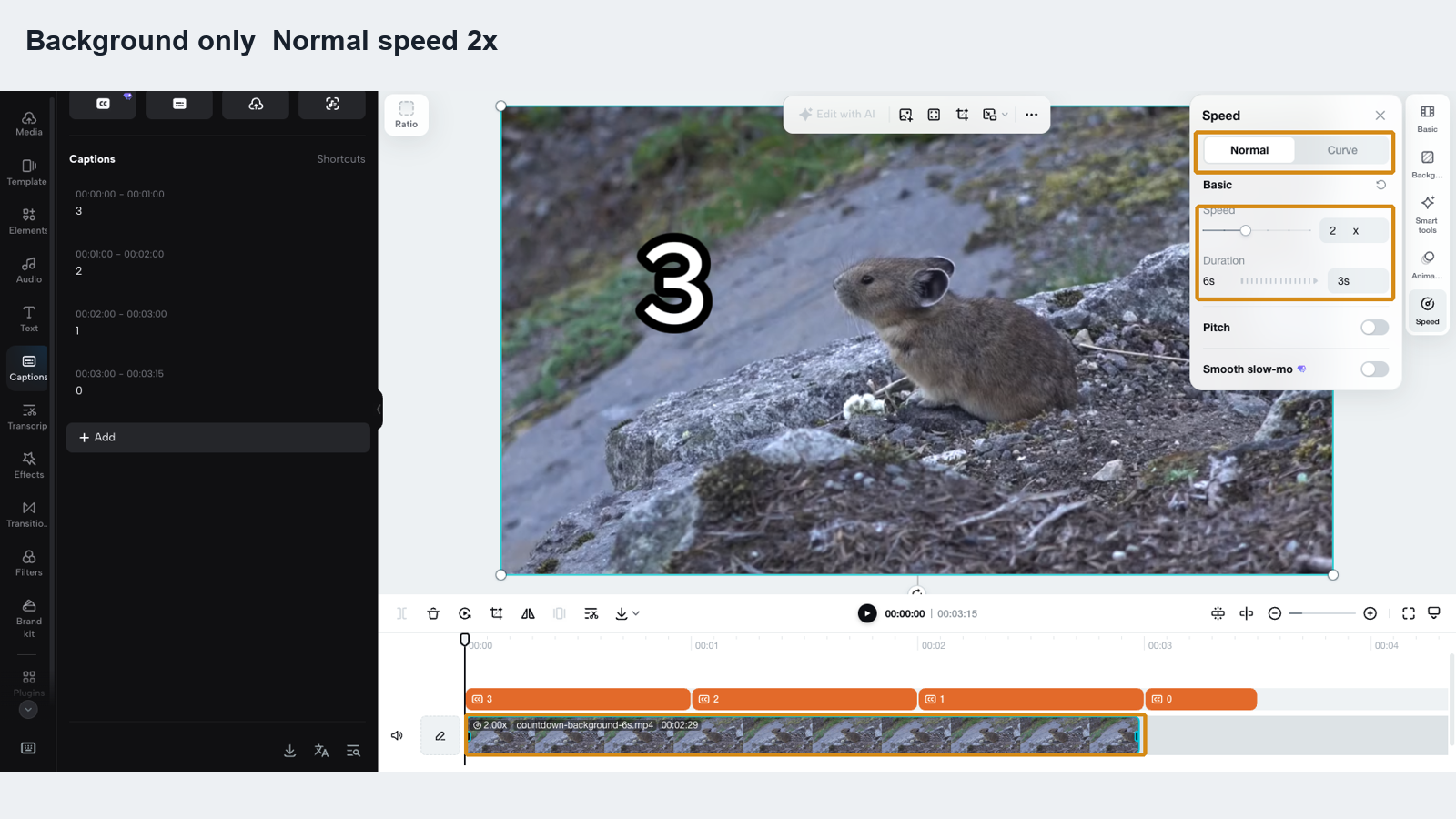 Reopened CapCut project with the background clip selected, Normal speed set to 2x, and duration changing from six to three seconds.