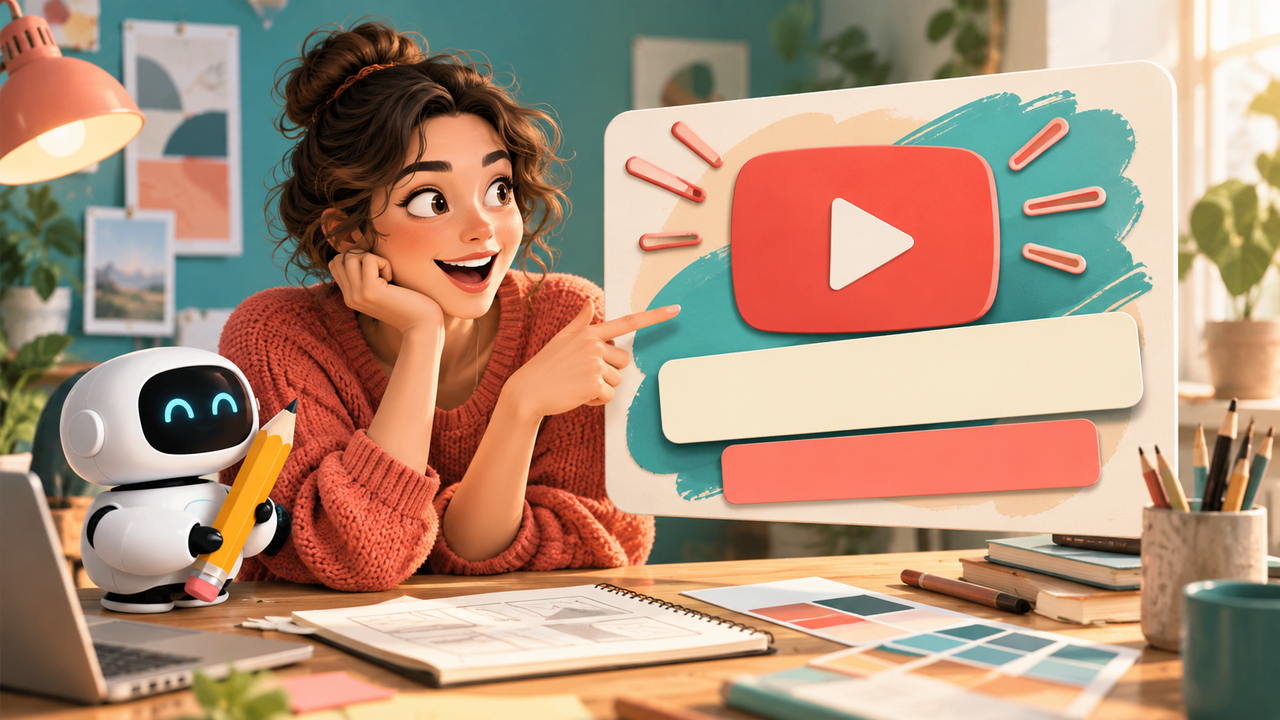 A thumbnail design with an expressive face, play symbol and blank headline blocks