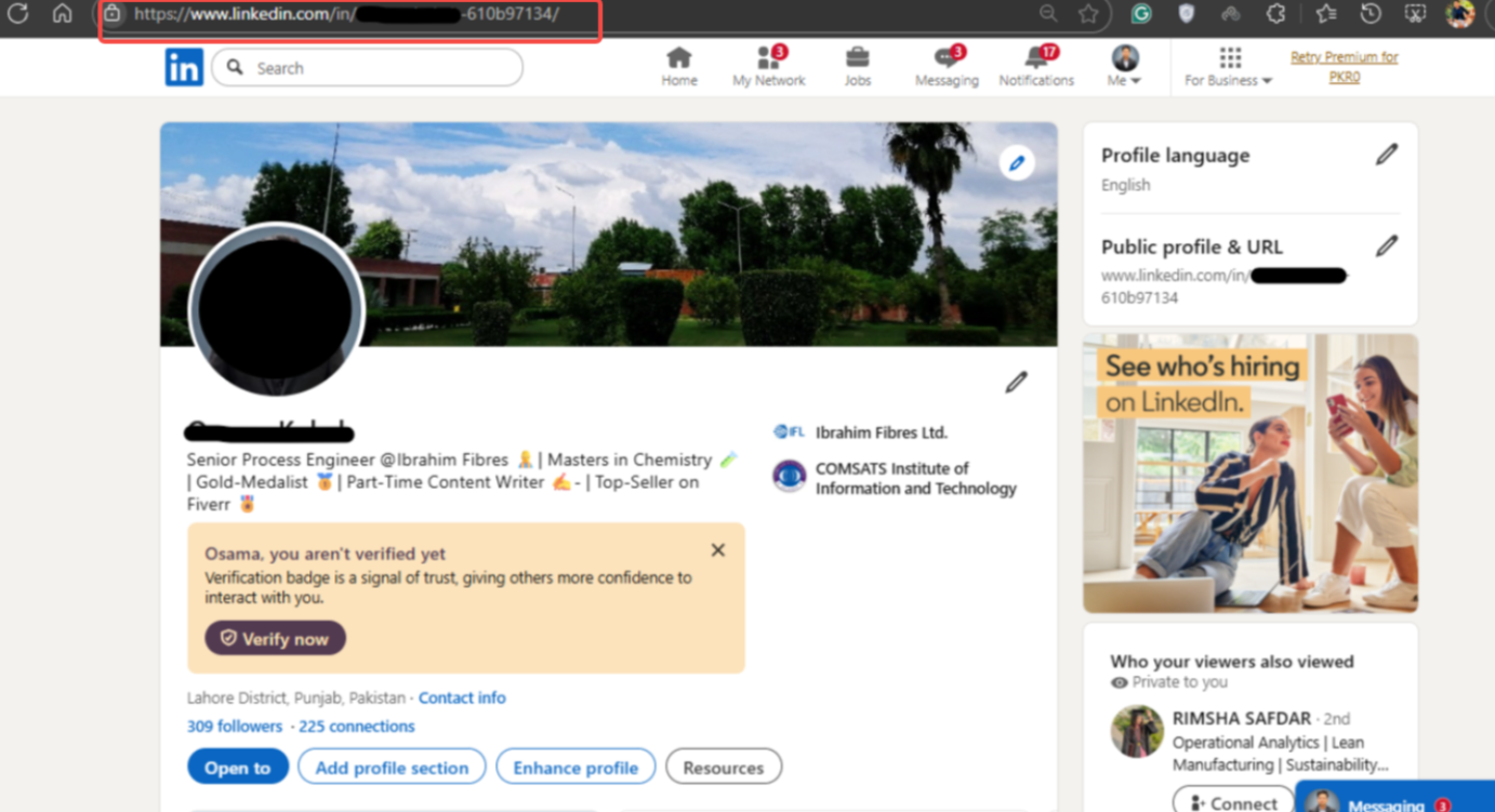 Kopiera LinkedIn-URL:en från webbläsaren.