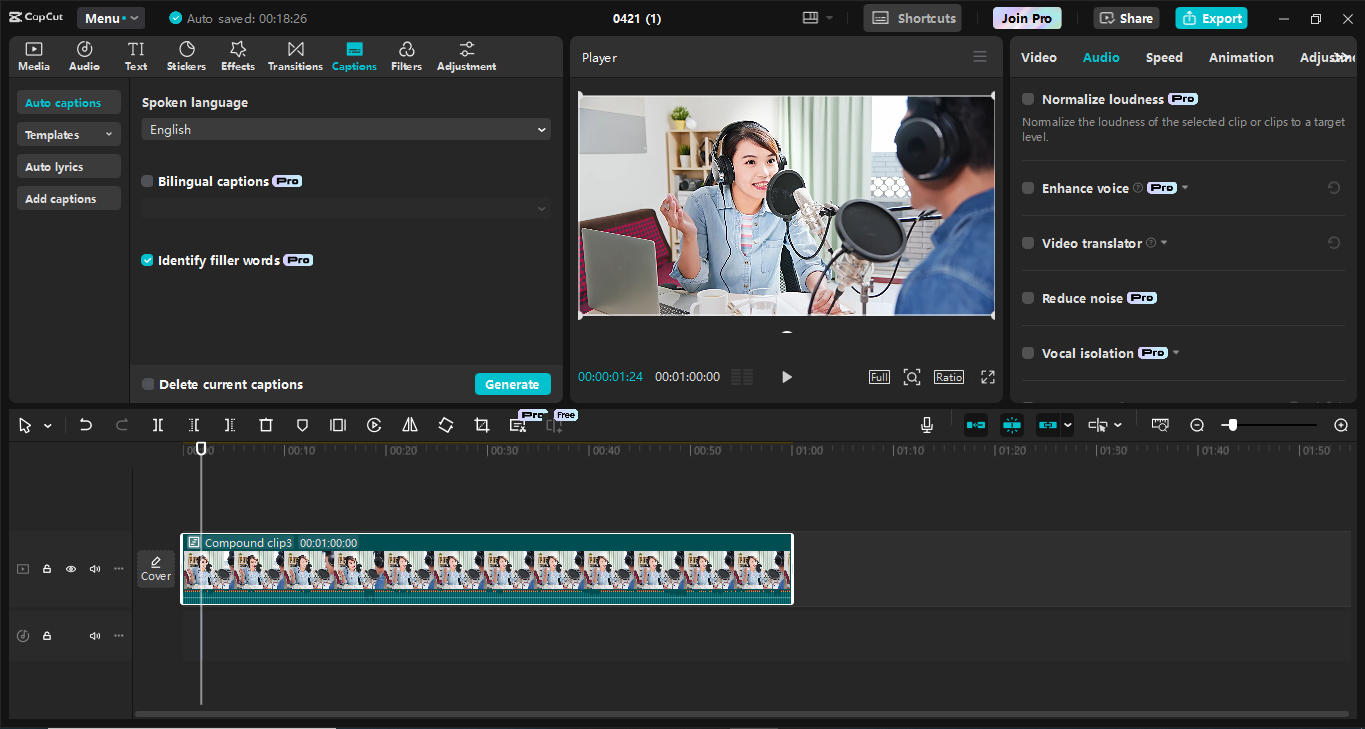Interface ng CapCut desktop video editor - Pinakamahusay na tool sa pagpapahusay ng boses ng podcast