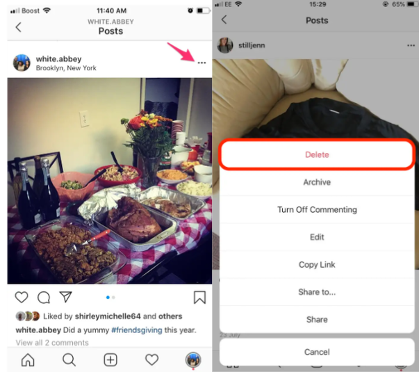 Showing how to delete an Instagram post