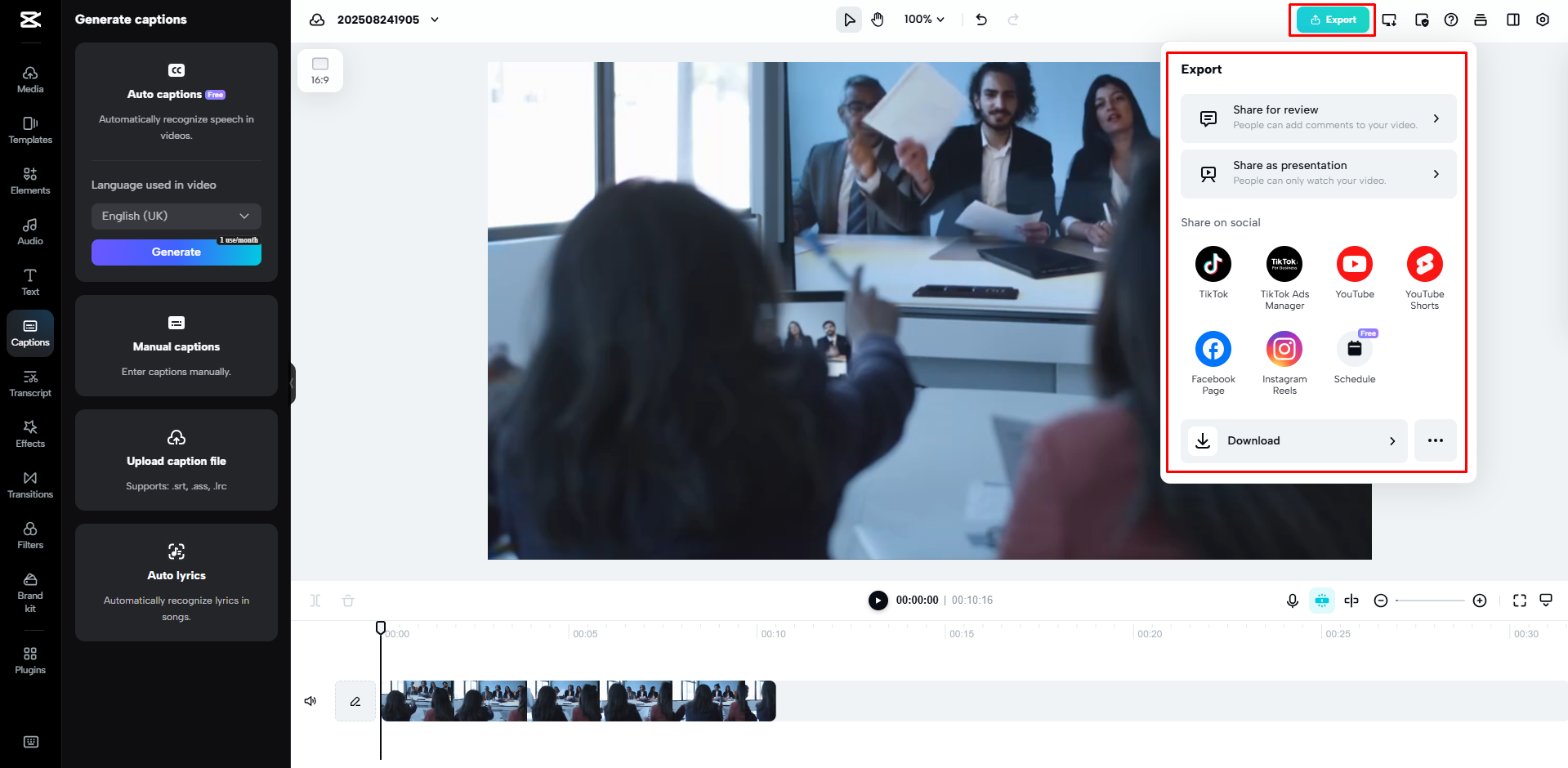 CapCut Web'den videoyu dışa aktarma