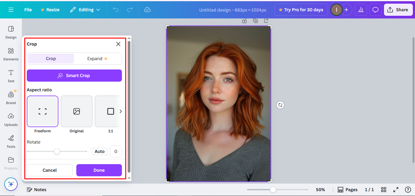 Adjusting the size of an image in the  new Canva photo editor
