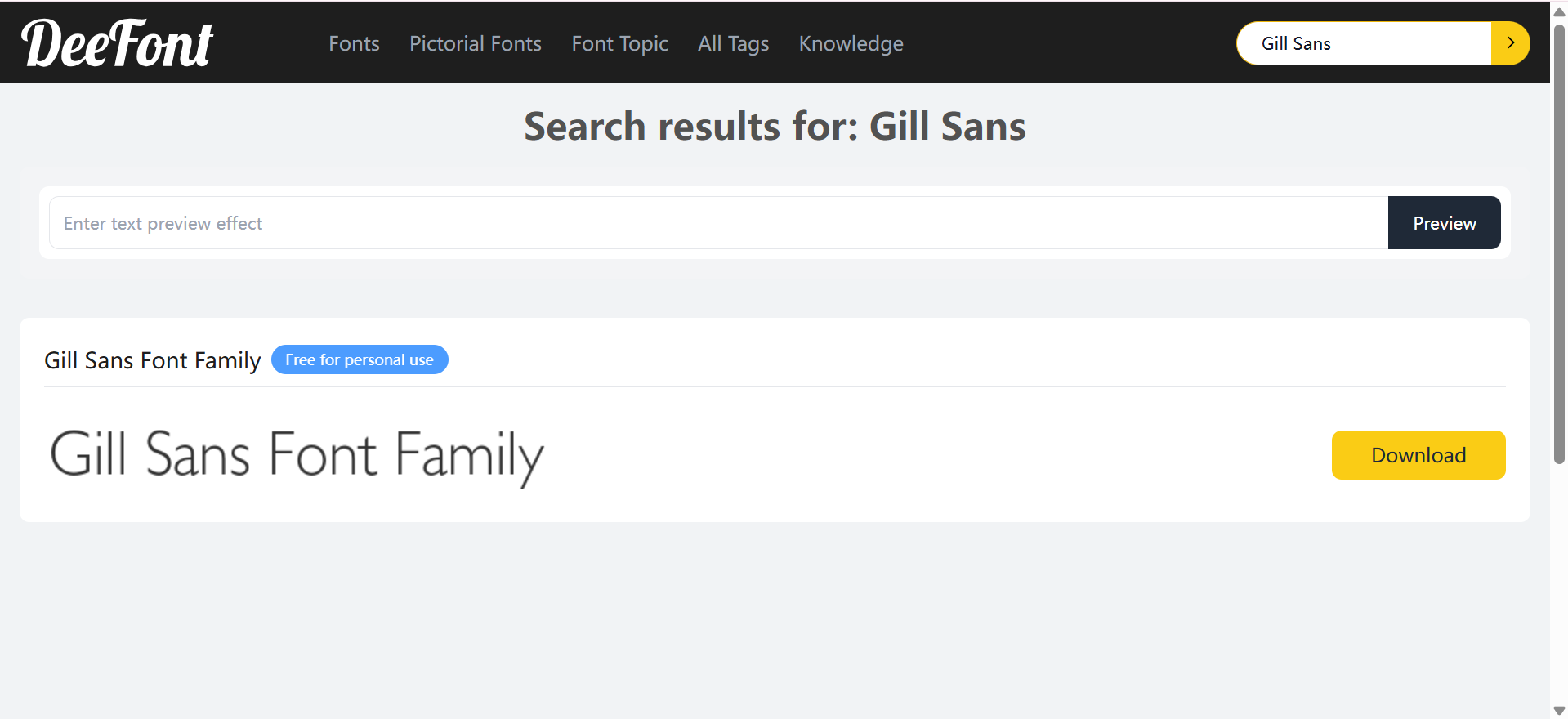 אתר DeeFont המפרט את גופן Gill Sans להורדה בחינם עם דירוג וקישור להורדת ZIP.