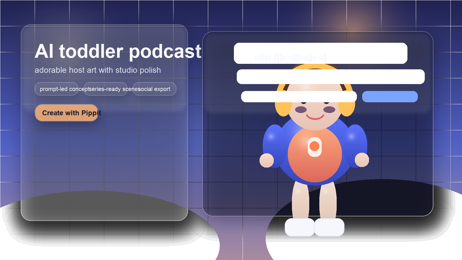 Premium illustrated toddler podcast host in a pastel studio with microphone and episode framing