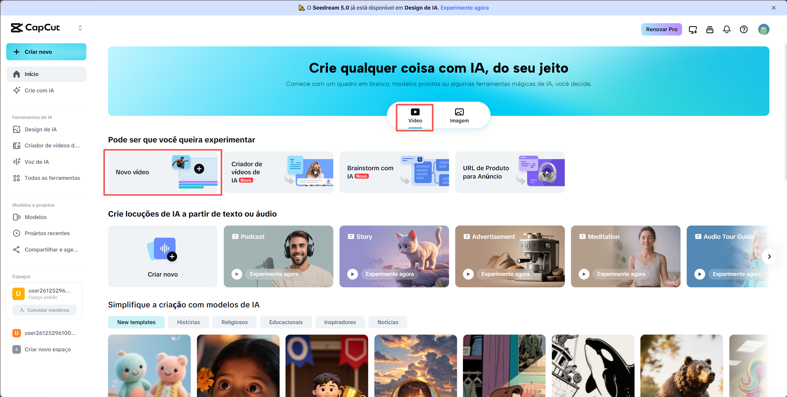 Tela inicial do CapCut Online