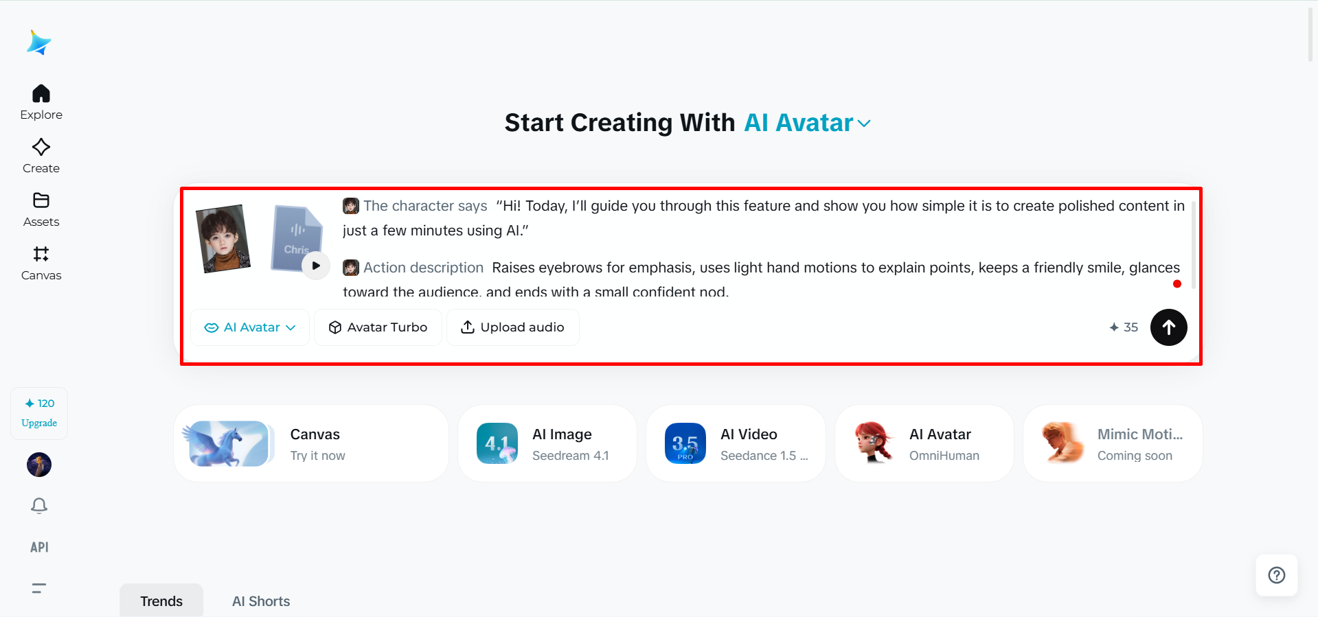 Carregando voz e dando um prompt para Dreamina falando com IA ferramenta