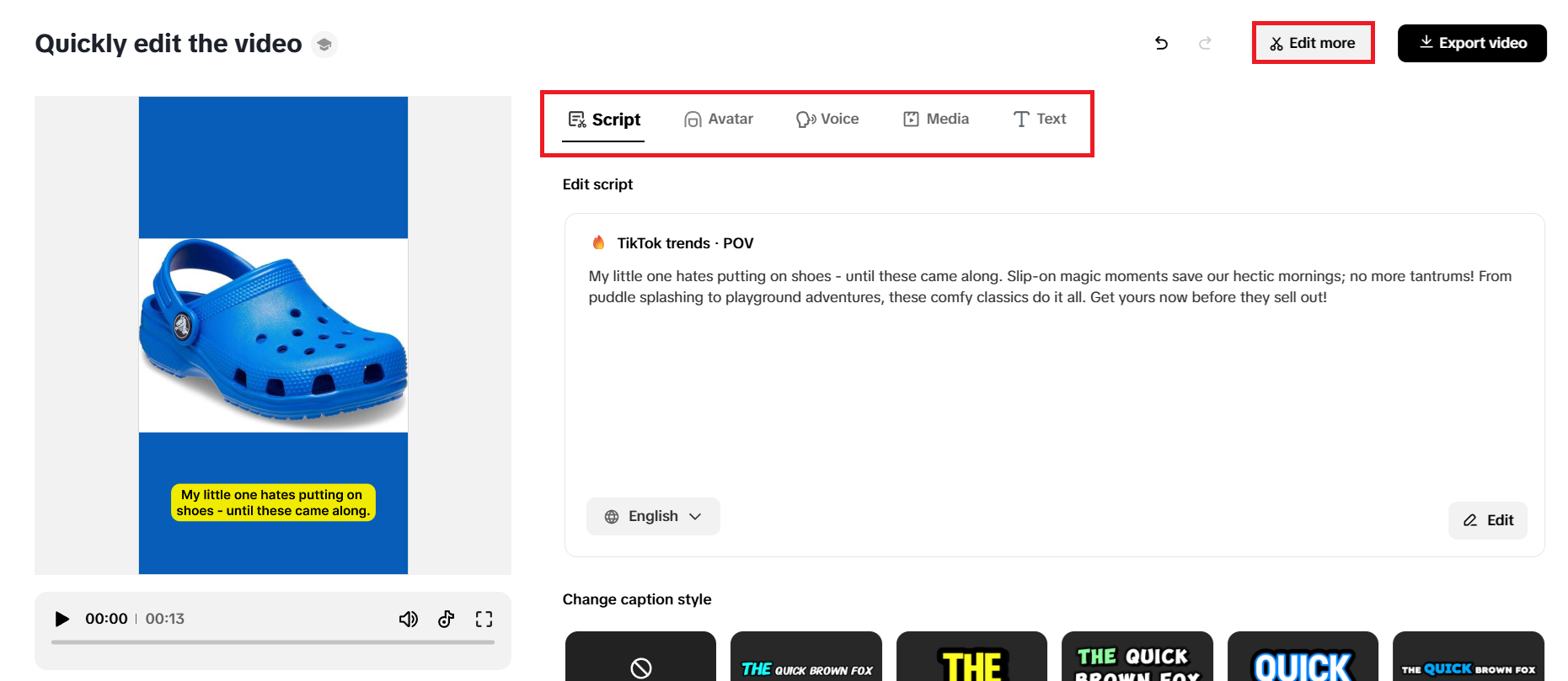 Quick editing options