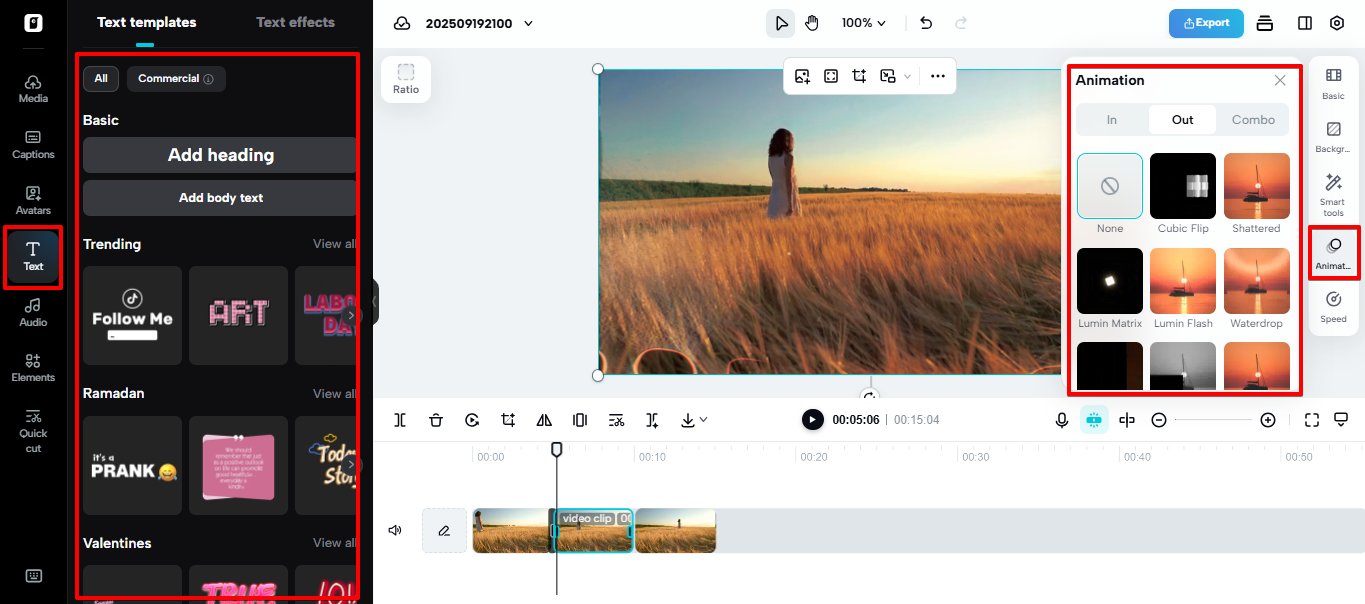 Sobreposições, textos e animações personalizáveis no Pippit