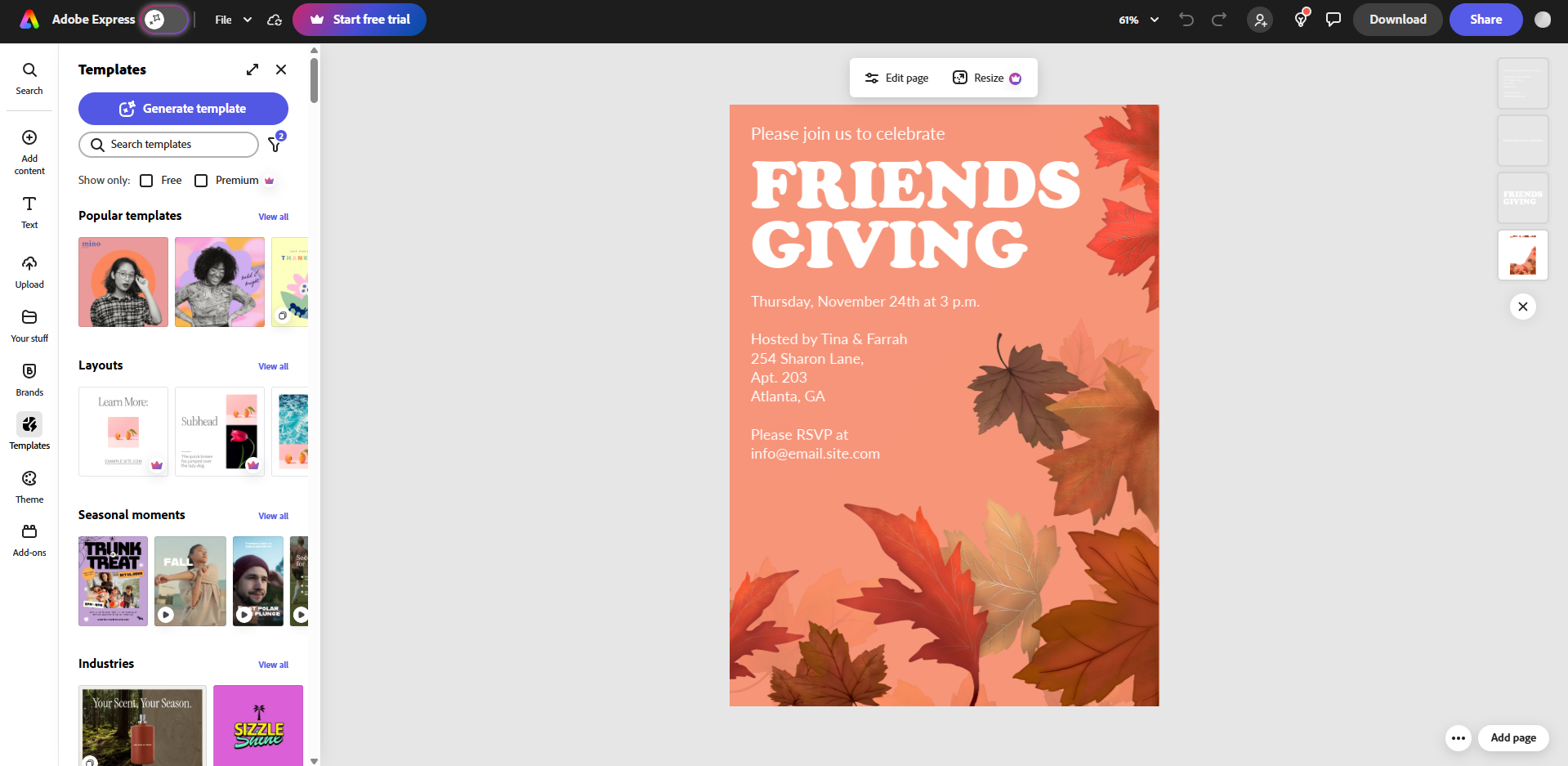 Interface of Adobe - professional tool to edit Thanksgiving invite templates