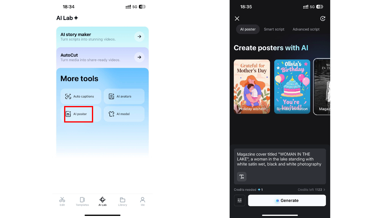 CapCut AI Lab-startpunkt på mobil som visar AI-affischval.
