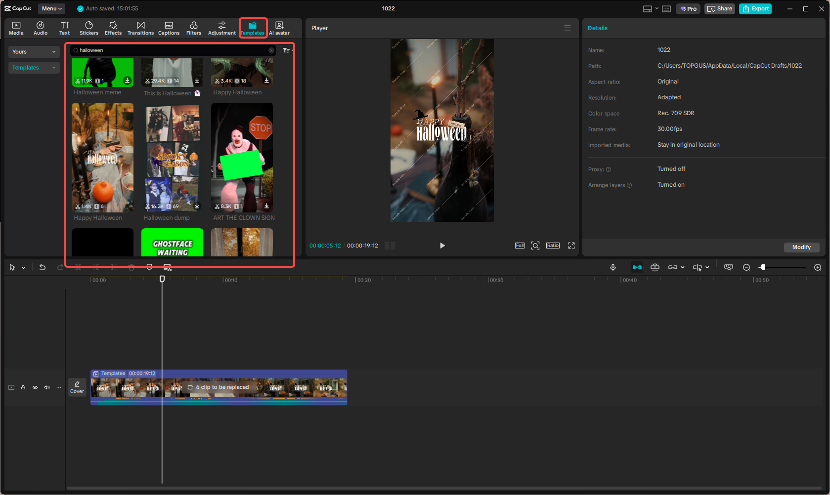 Pick a Halloween video template in CapCut