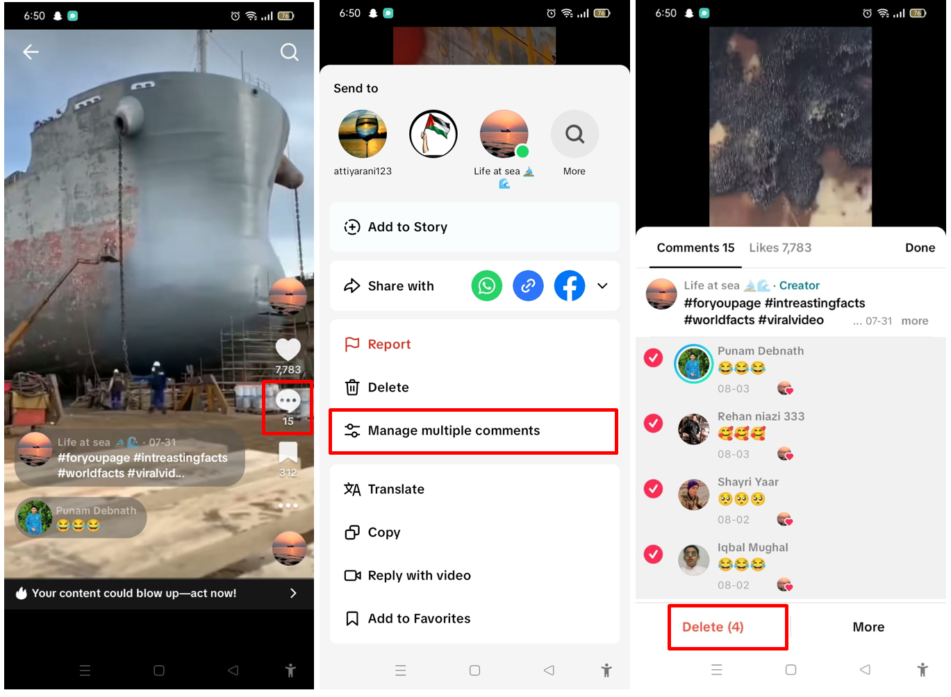 Interface showing how to delete multiple comments on TikTok